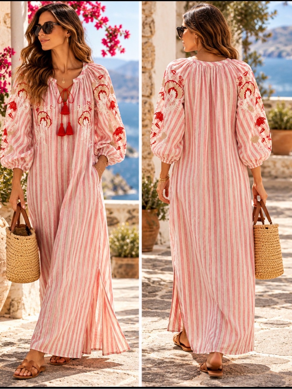 ELEVEN March 11 Embroidered Linen Maxi Dress Pink Stripe Tassel Size M